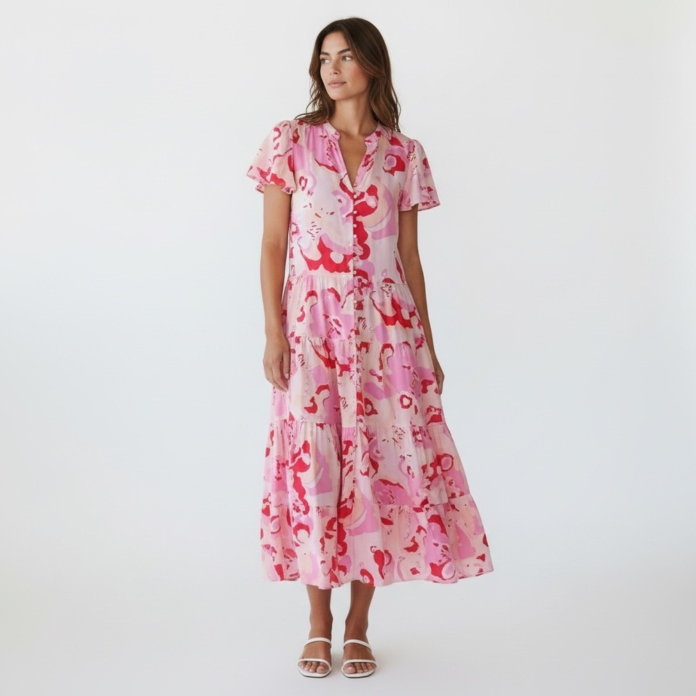 Size M/L Elliat Womens Dress Linen Gisli Red maxi Tiered Ruffled Red Spring